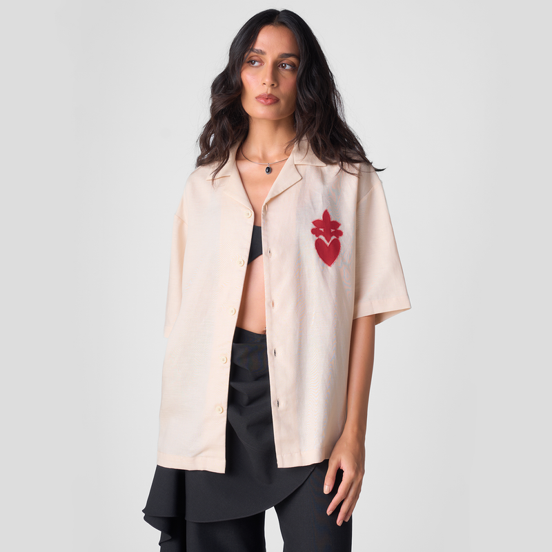 HAND APPLIQUE BOWLING SHIRT (ALMOND)
