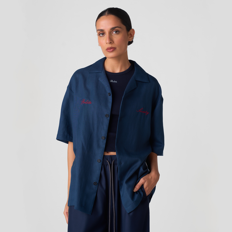 HAND APPLIQUE BOWLING SHIRT (NAVY)
