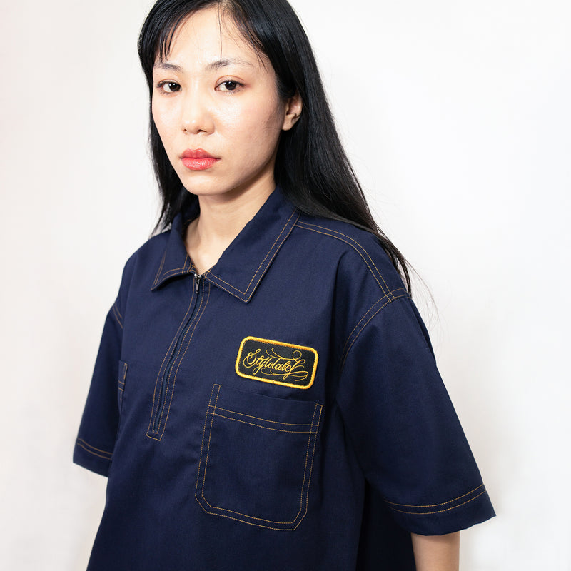 Zip up Patch Workshirt (NAVY BLUE)